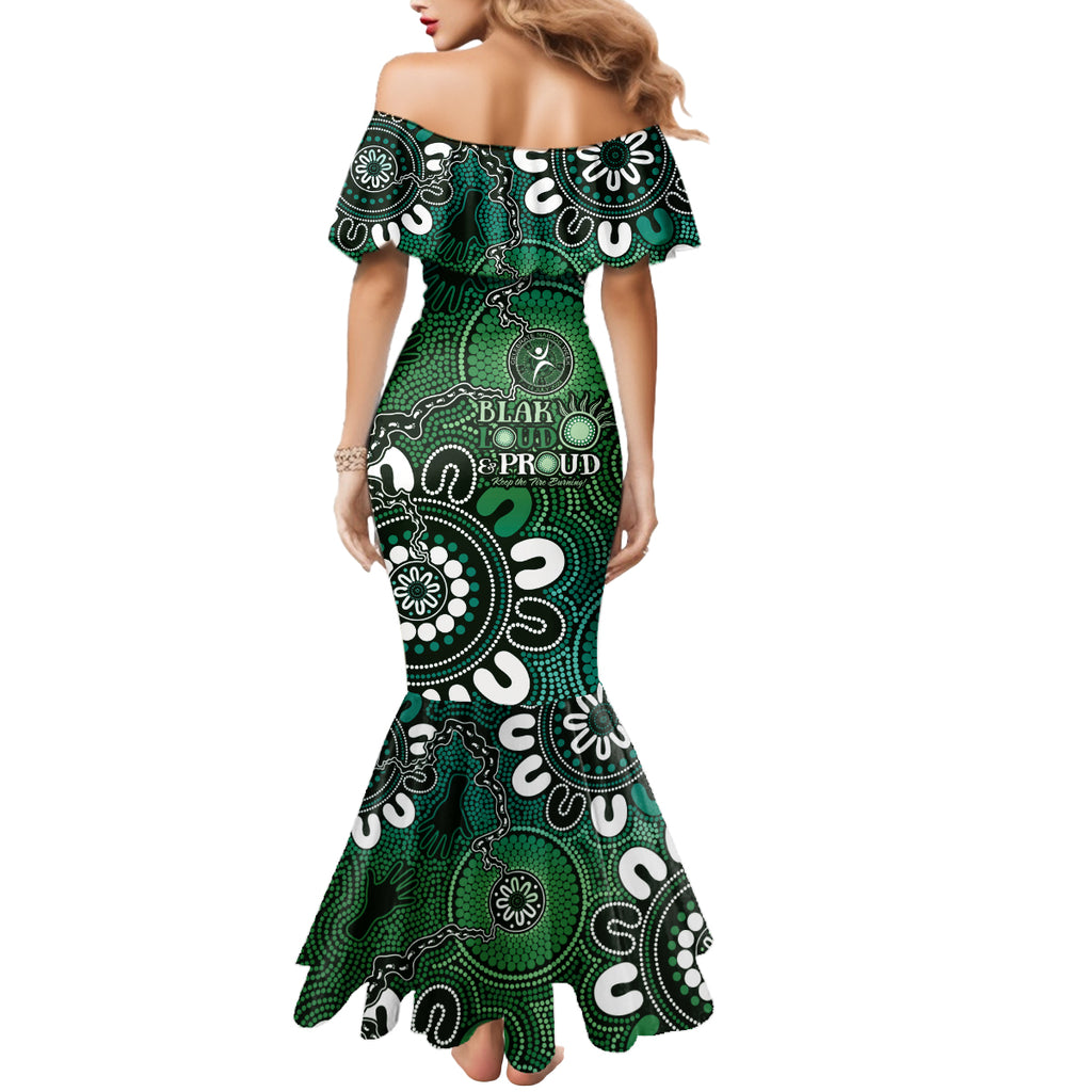 NAIDOC Week 2024 Fire Burning Mermaid Dress Aboriginal Dots Green Art