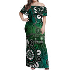 NAIDOC Week 2024 Fire Burning Off Shoulder Maxi Dress Aboriginal Dots Green Art
