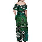 NAIDOC Week 2024 Fire Burning Off Shoulder Maxi Dress Aboriginal Dots Green Art