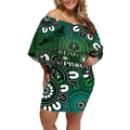 NAIDOC Week 2024 Fire Burning Off Shoulder Short Dress Aboriginal Dots Green Art