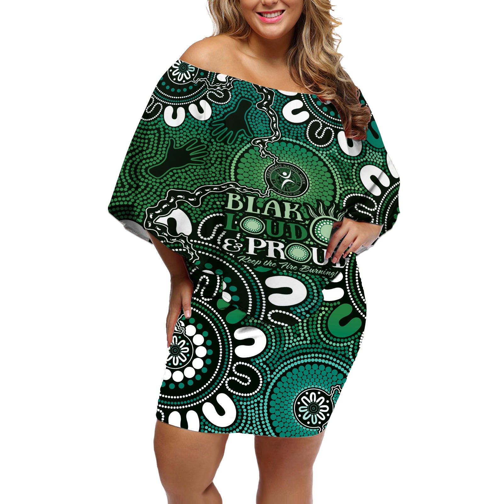NAIDOC Week 2024 Fire Burning Off Shoulder Short Dress Aboriginal Dots Green Art