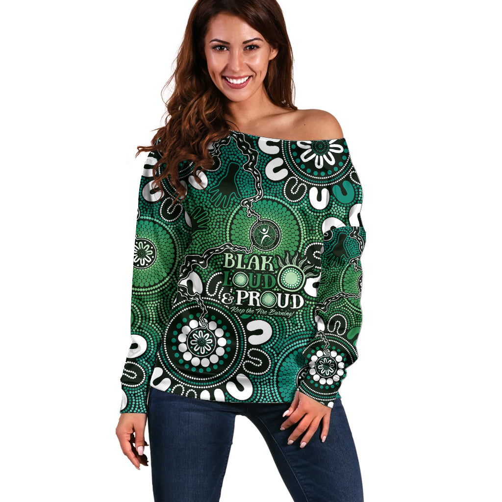 NAIDOC Week 2024 Fire Burning Off Shoulder Sweater Aboriginal Dots Green Art