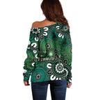 NAIDOC Week 2024 Fire Burning Off Shoulder Sweater Aboriginal Dots Green Art