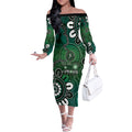 NAIDOC Week 2024 Fire Burning Off The Shoulder Long Sleeve Dress Aboriginal Dots Green Art