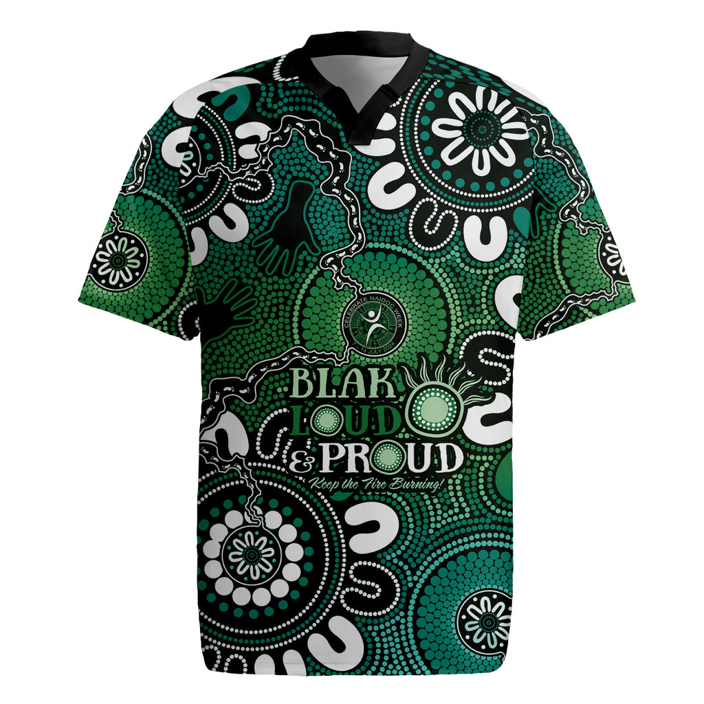 NAIDOC Week 2024 Fire Burning Rugby Jersey Aboriginal Dots Green Art