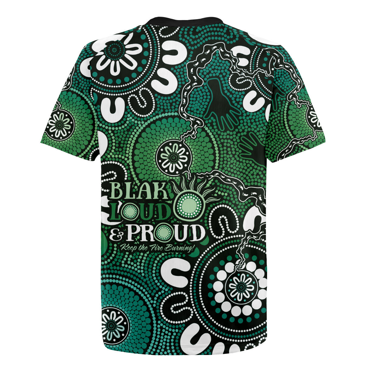NAIDOC Week 2024 Fire Burning Rugby Jersey Aboriginal Dots Green Art
