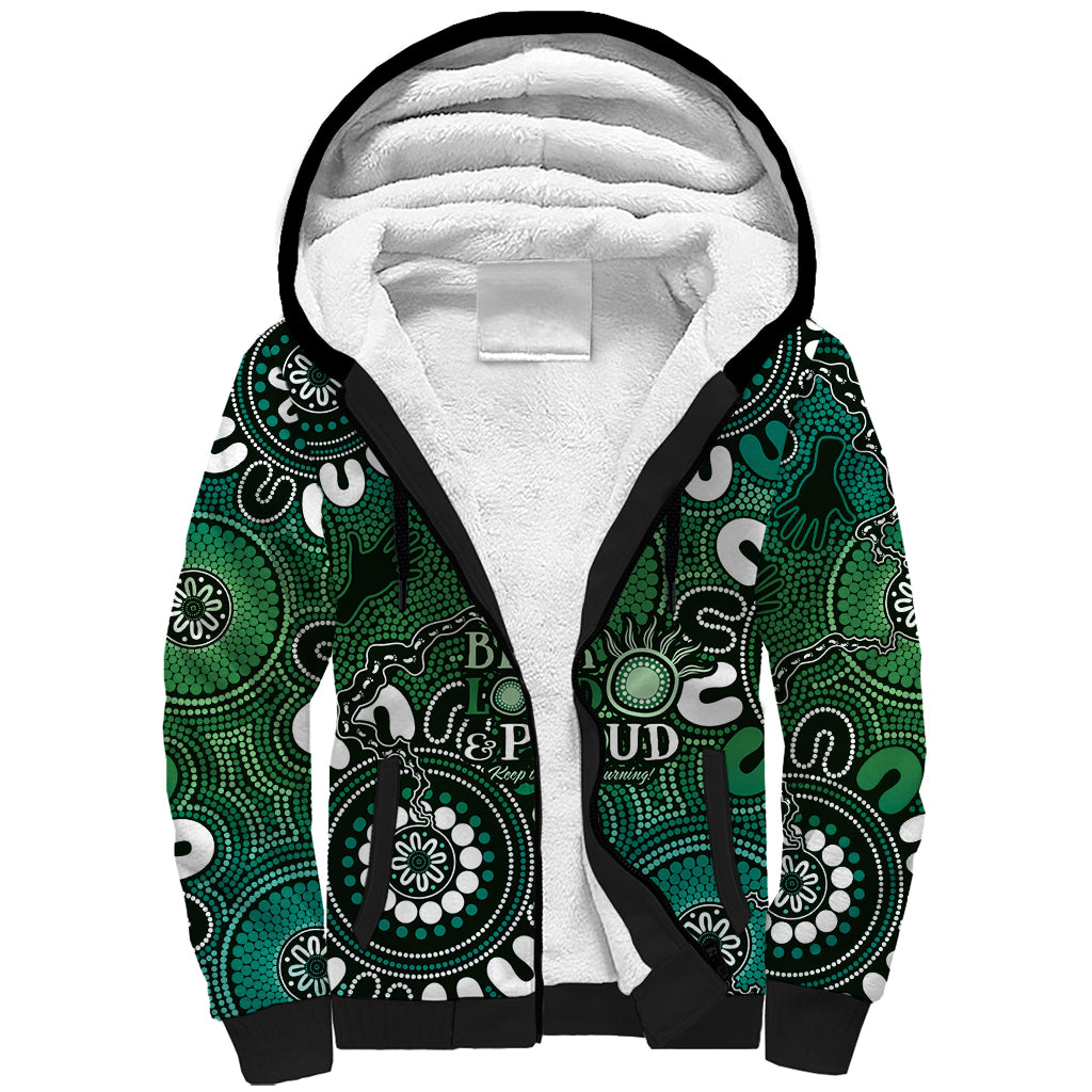 NAIDOC Week 2024 Fire Burning Sherpa Hoodie Aboriginal Dots Green Art