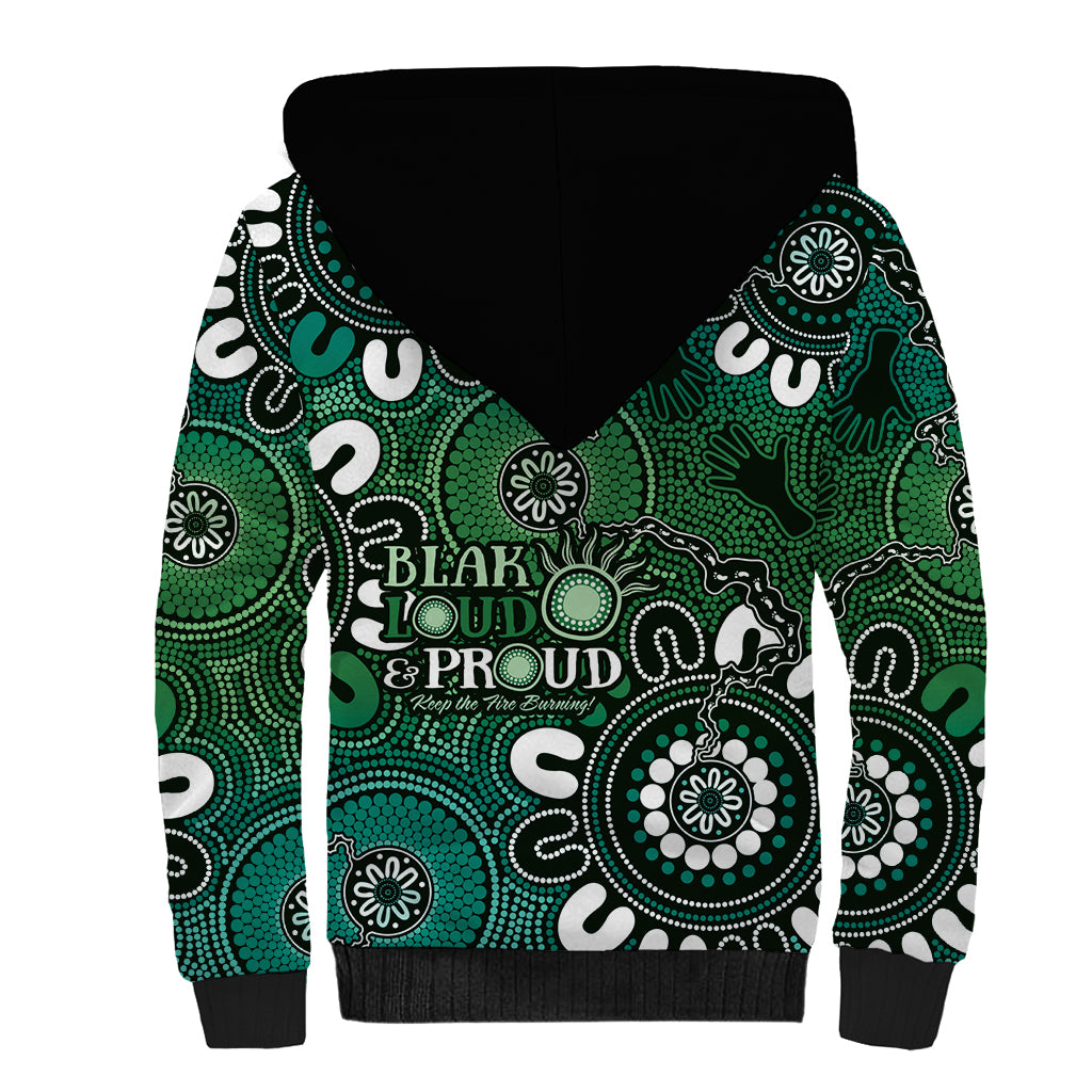 NAIDOC Week 2024 Fire Burning Sherpa Hoodie Aboriginal Dots Green Art