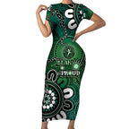 NAIDOC Week 2024 Fire Burning Short Sleeve Bodycon Dress Aboriginal Dots Green Art