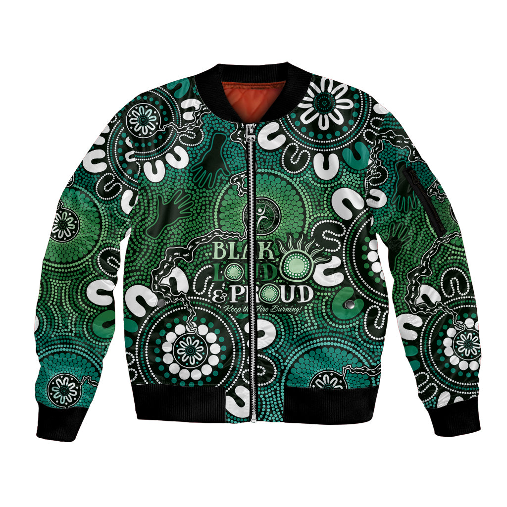 NAIDOC Week 2024 Fire Burning Sleeve Zip Bomber Jacket Aboriginal Dots Green Art