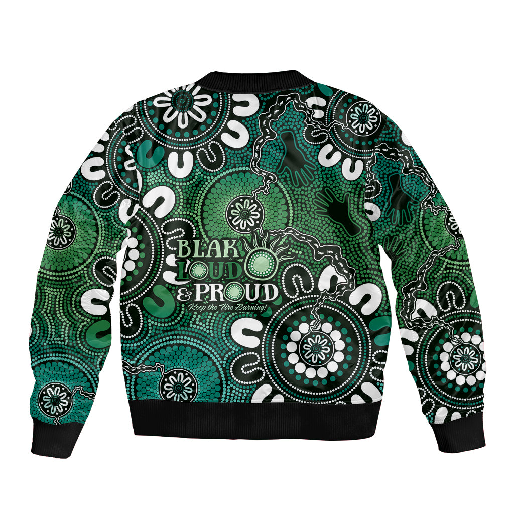 NAIDOC Week 2024 Fire Burning Sleeve Zip Bomber Jacket Aboriginal Dots Green Art