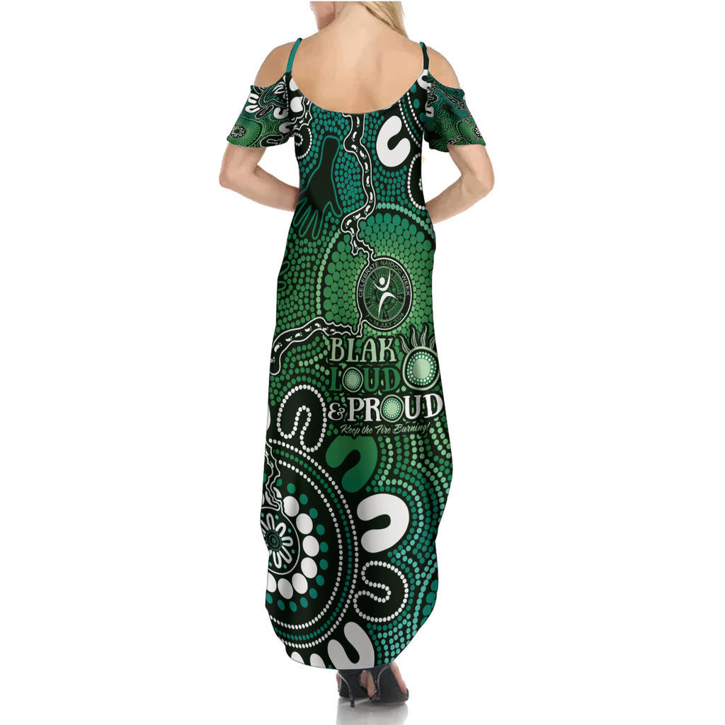 NAIDOC Week 2024 Fire Burning Summer Maxi Dress Aboriginal Dots Green Art