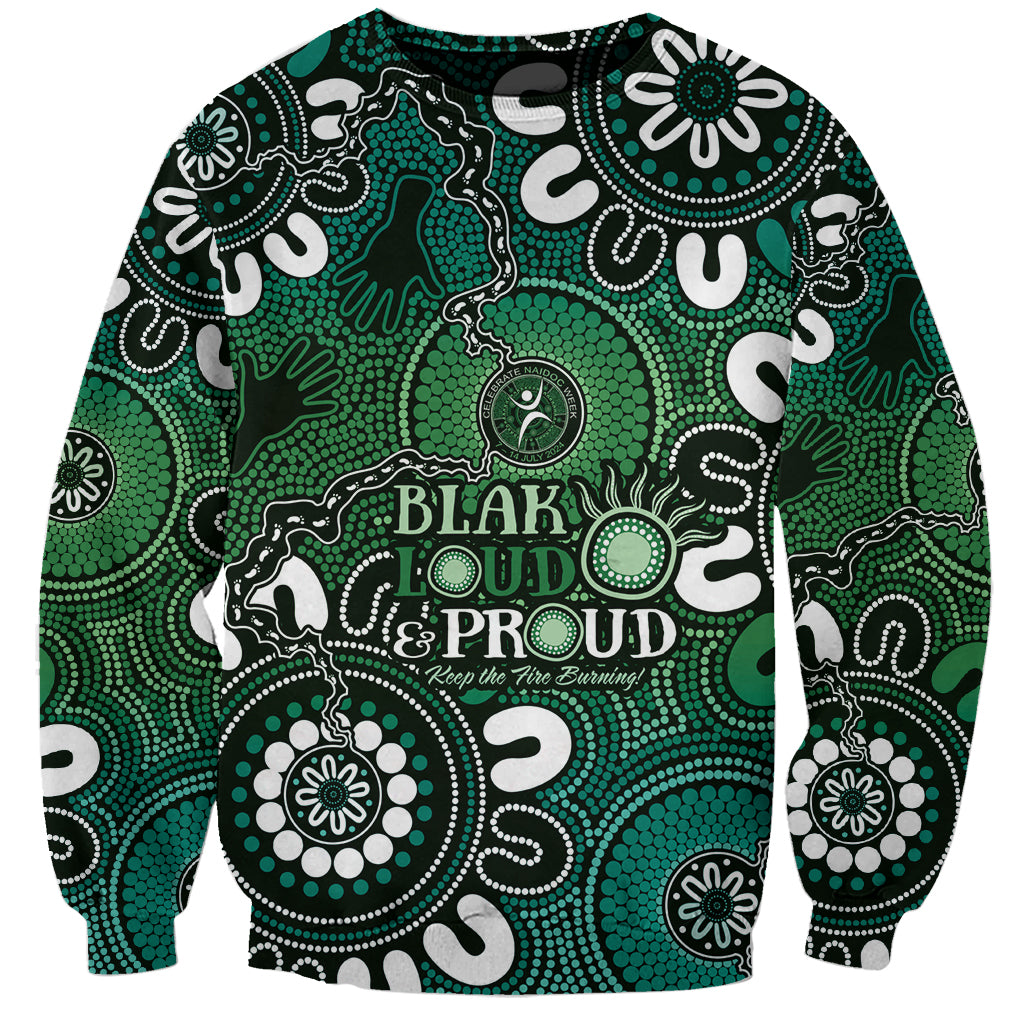 NAIDOC Week 2024 Fire Burning Sweatshirt Aboriginal Dots Green Art