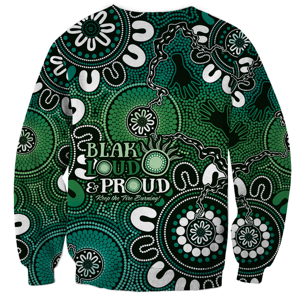 NAIDOC Week 2024 Fire Burning Sweatshirt Aboriginal Dots Green Art