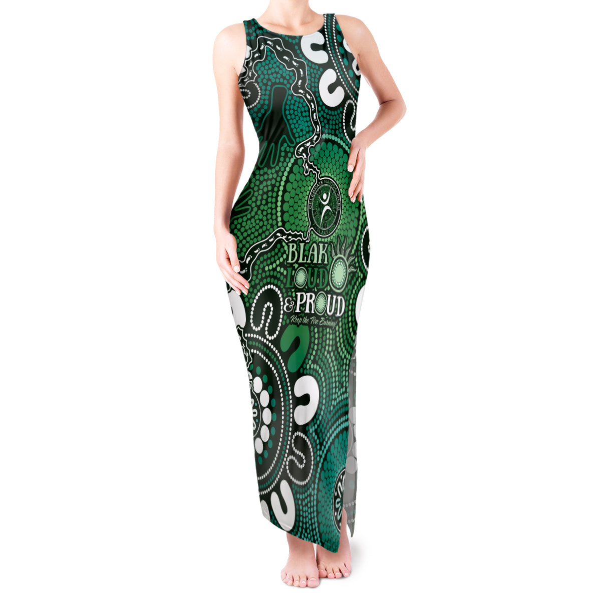 NAIDOC Week 2024 Fire Burning Tank Maxi Dress Aboriginal Dots Green Art