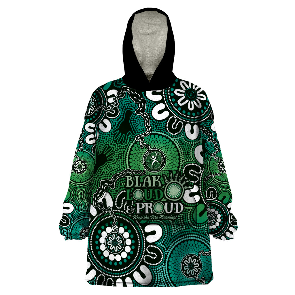 NAIDOC Week 2024 Fire Burning Wearable Blanket Hoodie Aboriginal Dots Green Art
