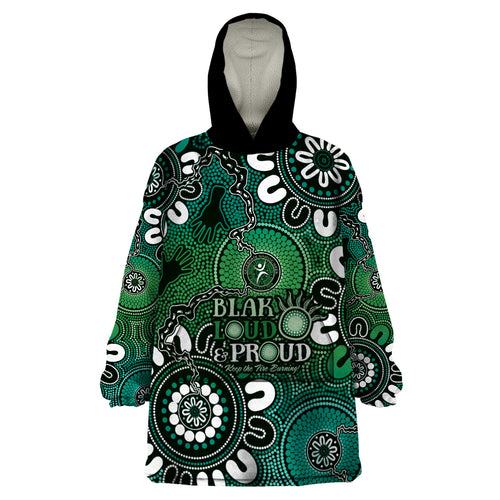 NAIDOC Week 2024 Fire Burning Wearable Blanket Hoodie Aboriginal Dots Green Art