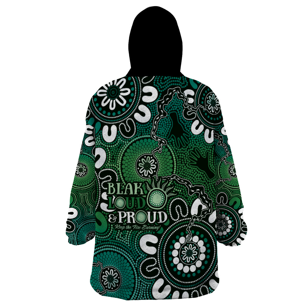 NAIDOC Week 2024 Fire Burning Wearable Blanket Hoodie Aboriginal Dots Green Art