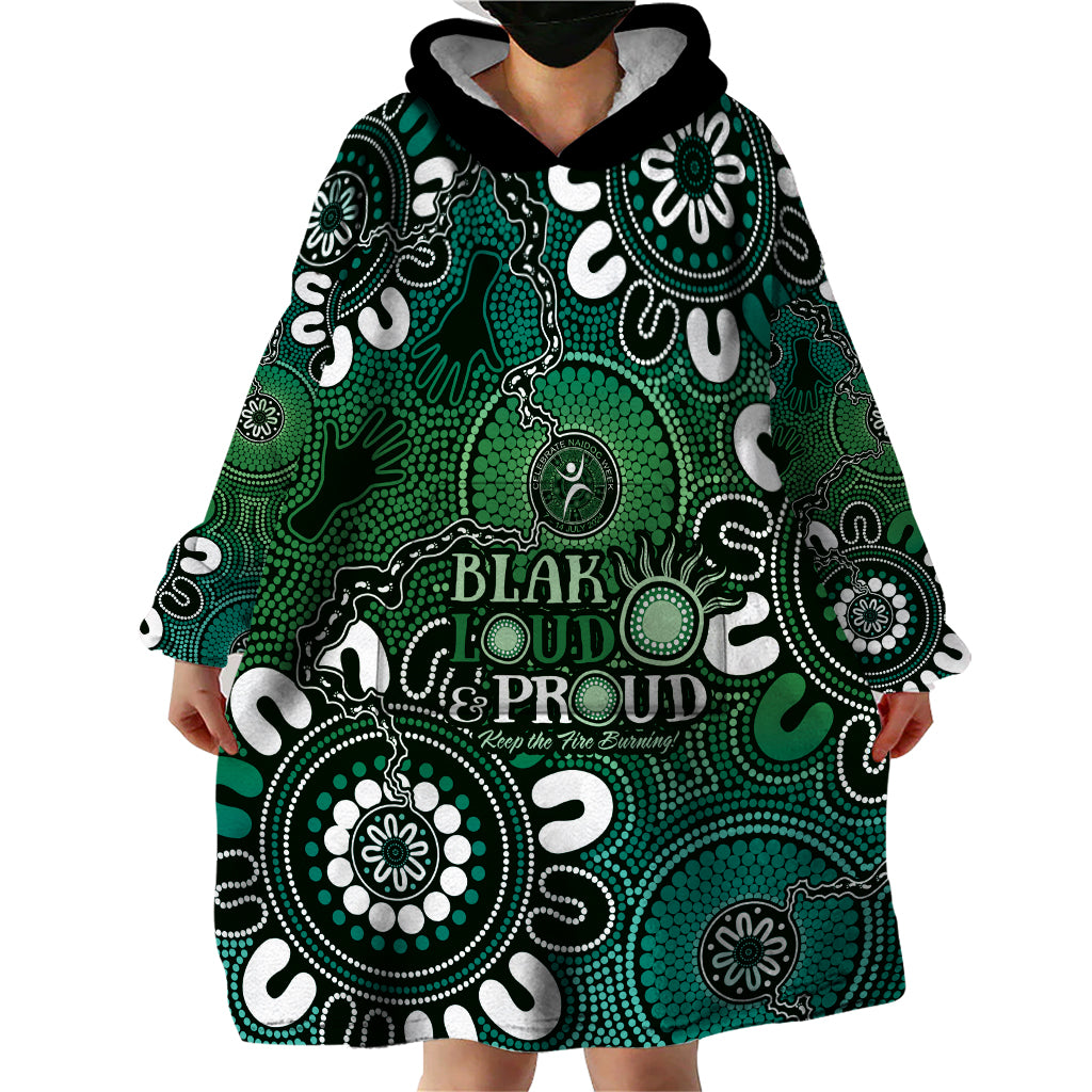 NAIDOC Week 2024 Fire Burning Wearable Blanket Hoodie Aboriginal Dots Green Art