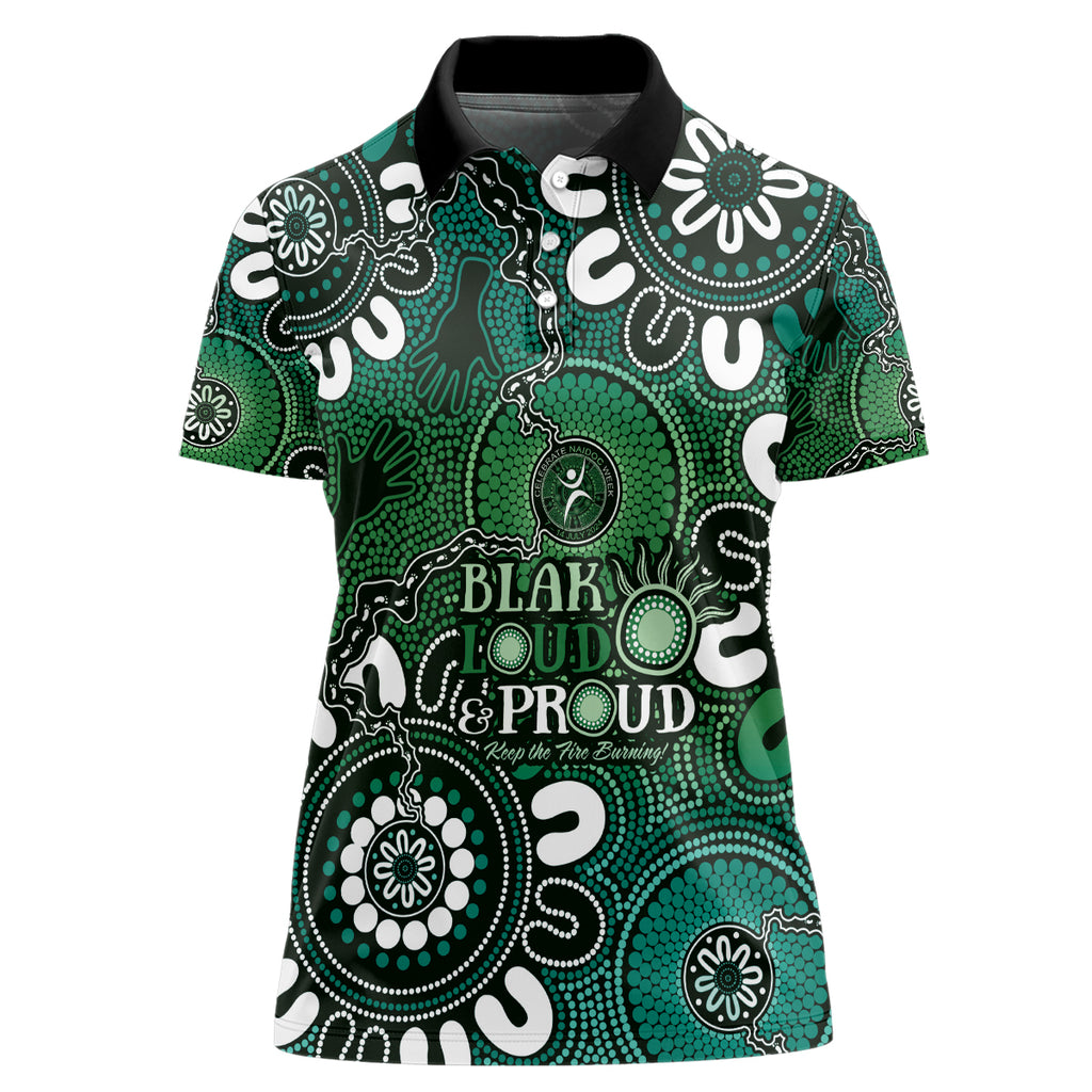 NAIDOC Week 2024 Fire Burning Women Polo Shirt Aboriginal Dots Green Art
