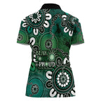 NAIDOC Week 2024 Fire Burning Women Polo Shirt Aboriginal Dots Green Art