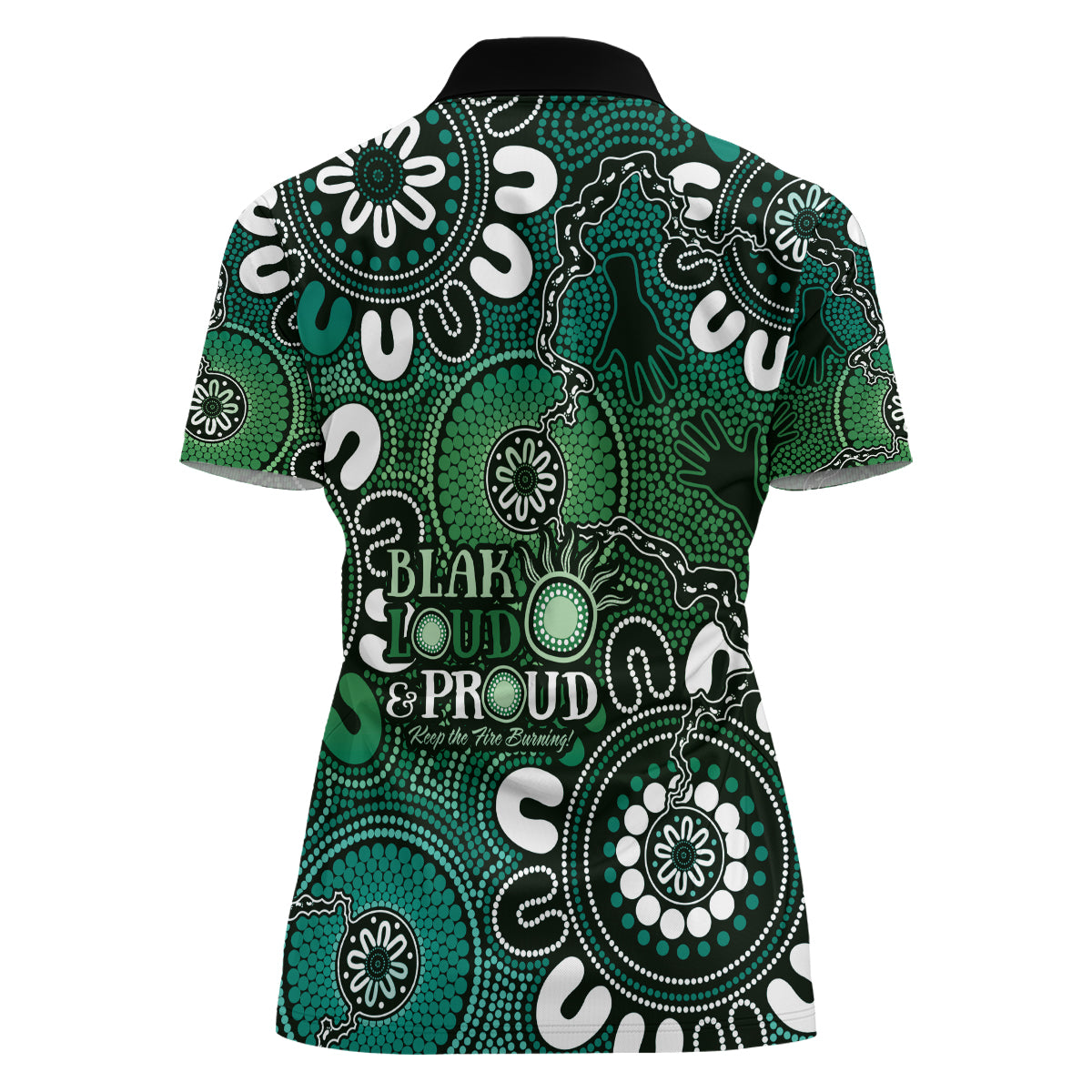 NAIDOC Week 2024 Fire Burning Women Polo Shirt Aboriginal Dots Green Art