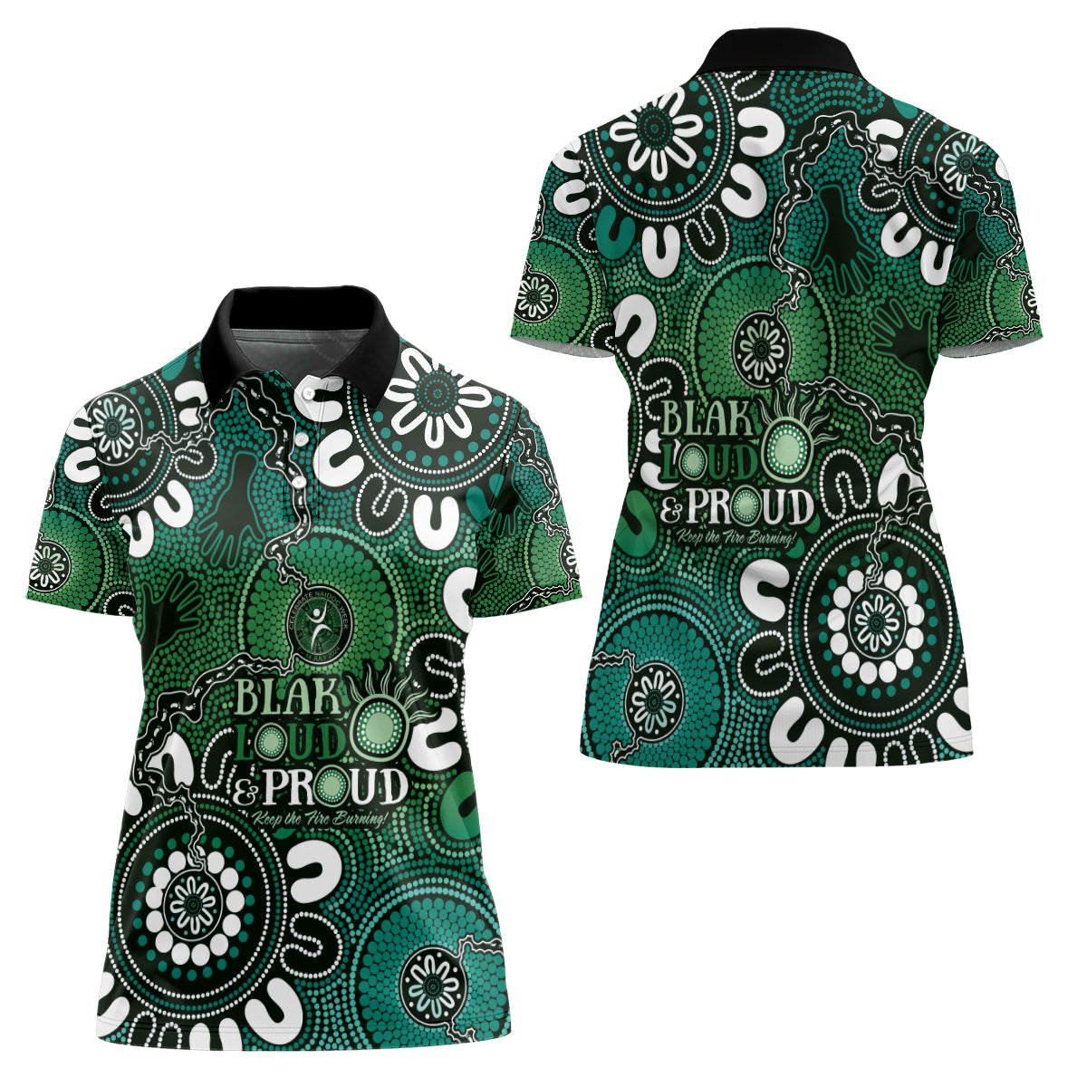 NAIDOC Week 2024 Fire Burning Women Polo Shirt Aboriginal Dots Green Art