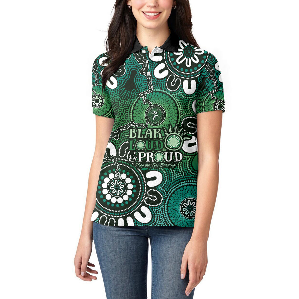 NAIDOC Week 2024 Fire Burning Women Polo Shirt Aboriginal Dots Green Art