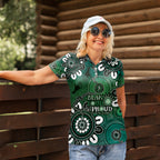 NAIDOC Week 2024 Fire Burning Women Polo Shirt Aboriginal Dots Green Art