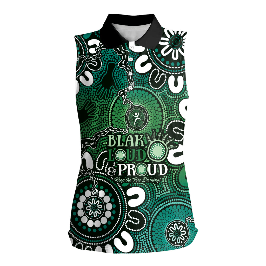 NAIDOC Week 2024 Fire Burning Women Sleeveless Polo Shirt Aboriginal Dots Green Art
