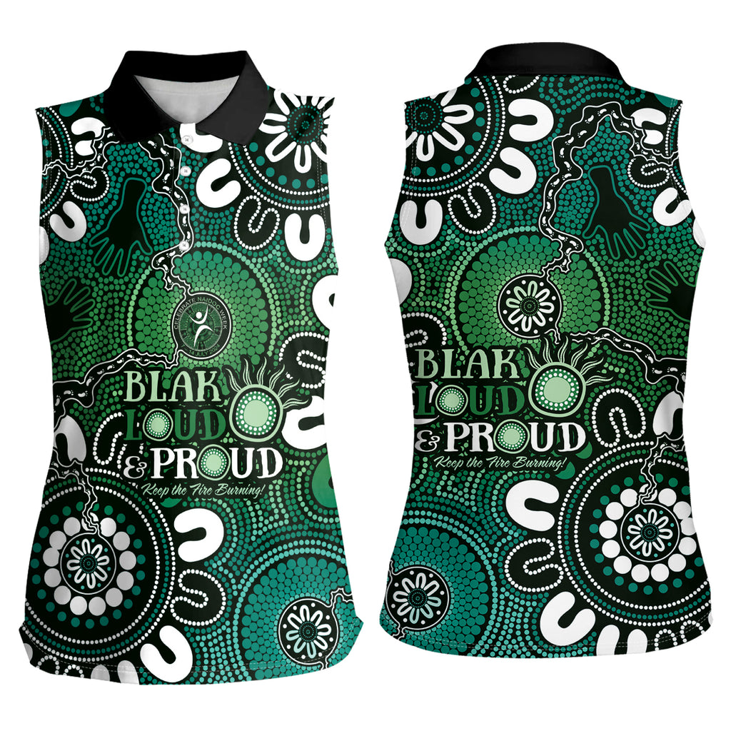 NAIDOC Week 2024 Fire Burning Women Sleeveless Polo Shirt Aboriginal Dots Green Art