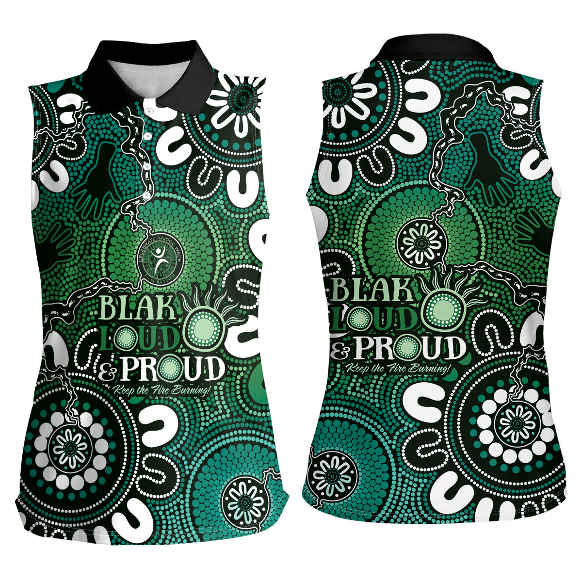 NAIDOC Week 2024 Fire Burning Women Sleeveless Polo Shirt Aboriginal Dots Green Art