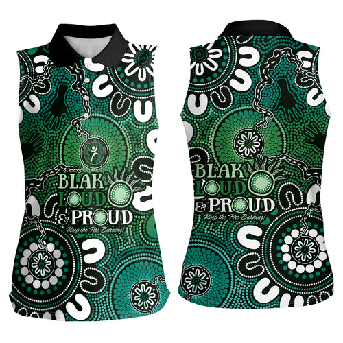 NAIDOC Week 2024 Fire Burning Women Sleeveless Polo Shirt Aboriginal Dots Green Art