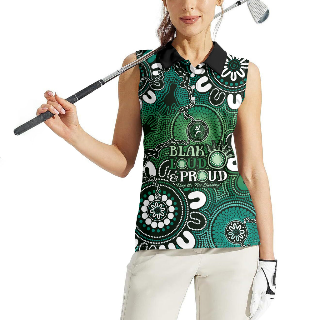 NAIDOC Week 2024 Fire Burning Women Sleeveless Polo Shirt Aboriginal Dots Green Art
