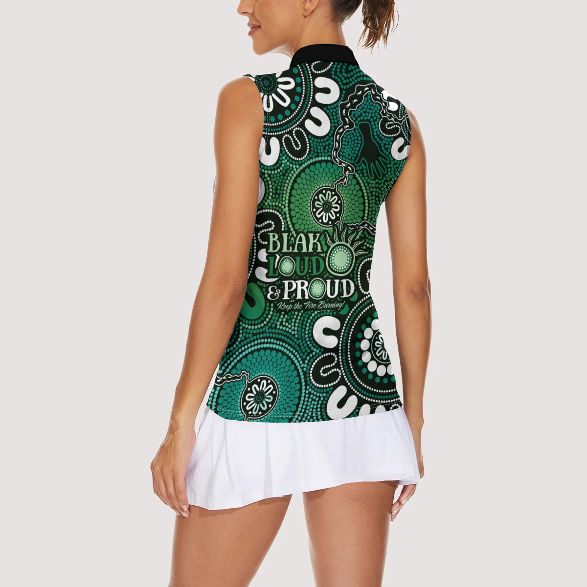 NAIDOC Week 2024 Fire Burning Women Sleeveless Polo Shirt Aboriginal Dots Green Art