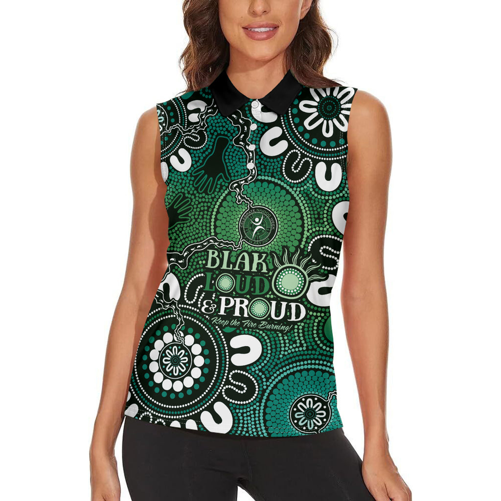 NAIDOC Week 2024 Fire Burning Women Sleeveless Polo Shirt Aboriginal Dots Green Art
