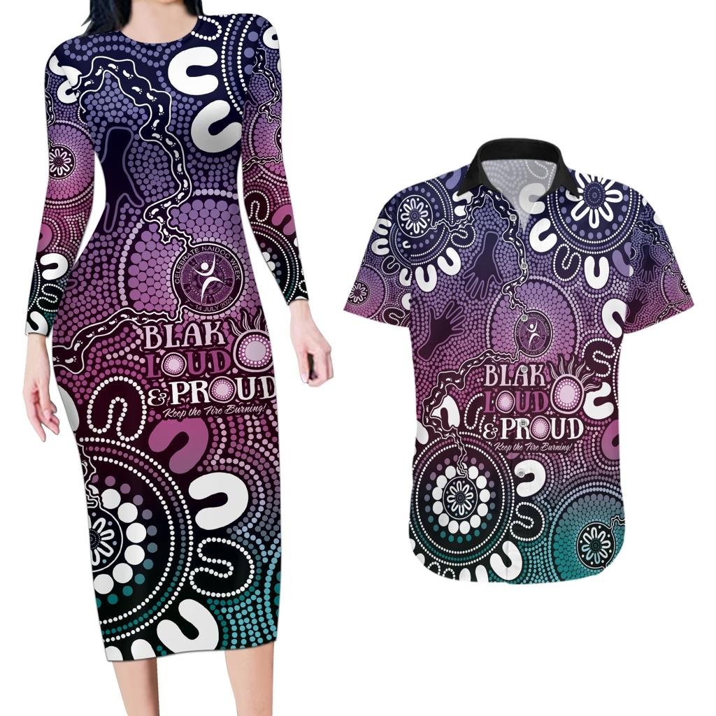 NAIDOC Week 2024 Fire Burning Couples Matching Long Sleeve Bodycon Dress and Hawaiian Shirt Aboriginal Dots Pink Art