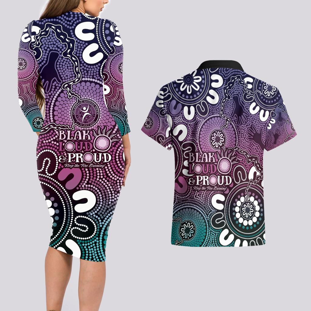 NAIDOC Week 2024 Fire Burning Couples Matching Long Sleeve Bodycon Dress and Hawaiian Shirt Aboriginal Dots Pink Art