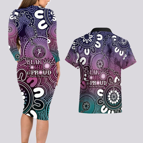 NAIDOC Week 2024 Fire Burning Couples Matching Long Sleeve Bodycon Dress and Hawaiian Shirt Aboriginal Dots Pink Art
