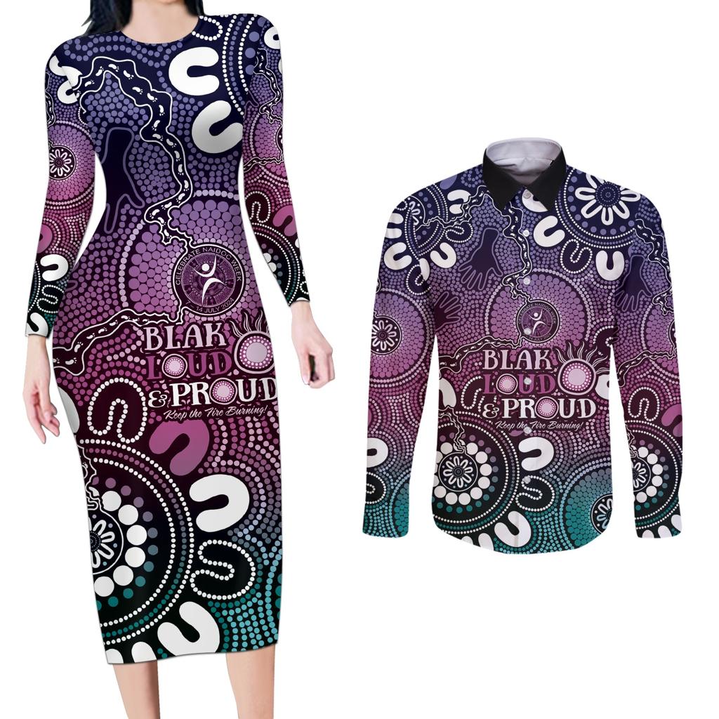 NAIDOC Week 2024 Fire Burning Couples Matching Long Sleeve Bodycon Dress and Long Sleeve Button Shirt Aboriginal Dots Pink Art