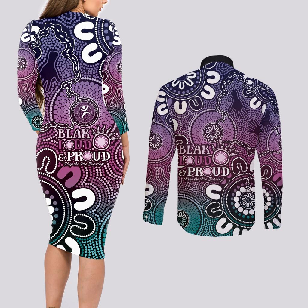 NAIDOC Week 2024 Fire Burning Couples Matching Long Sleeve Bodycon Dress and Long Sleeve Button Shirt Aboriginal Dots Pink Art