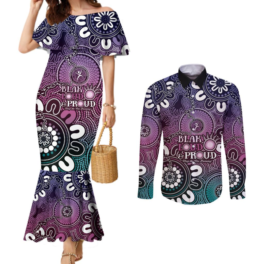 NAIDOC Week 2024 Fire Burning Couples Matching Mermaid Dress and Long Sleeve Button Shirt Aboriginal Dots Pink Art