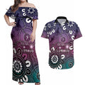 NAIDOC Week 2024 Fire Burning Couples Matching Off Shoulder Maxi Dress and Hawaiian Shirt Aboriginal Dots Pink Art