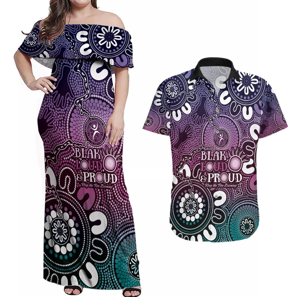 NAIDOC Week 2024 Fire Burning Couples Matching Off Shoulder Maxi Dress and Hawaiian Shirt Aboriginal Dots Pink Art