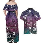 NAIDOC Week 2024 Fire Burning Couples Matching Off Shoulder Maxi Dress and Hawaiian Shirt Aboriginal Dots Pink Art