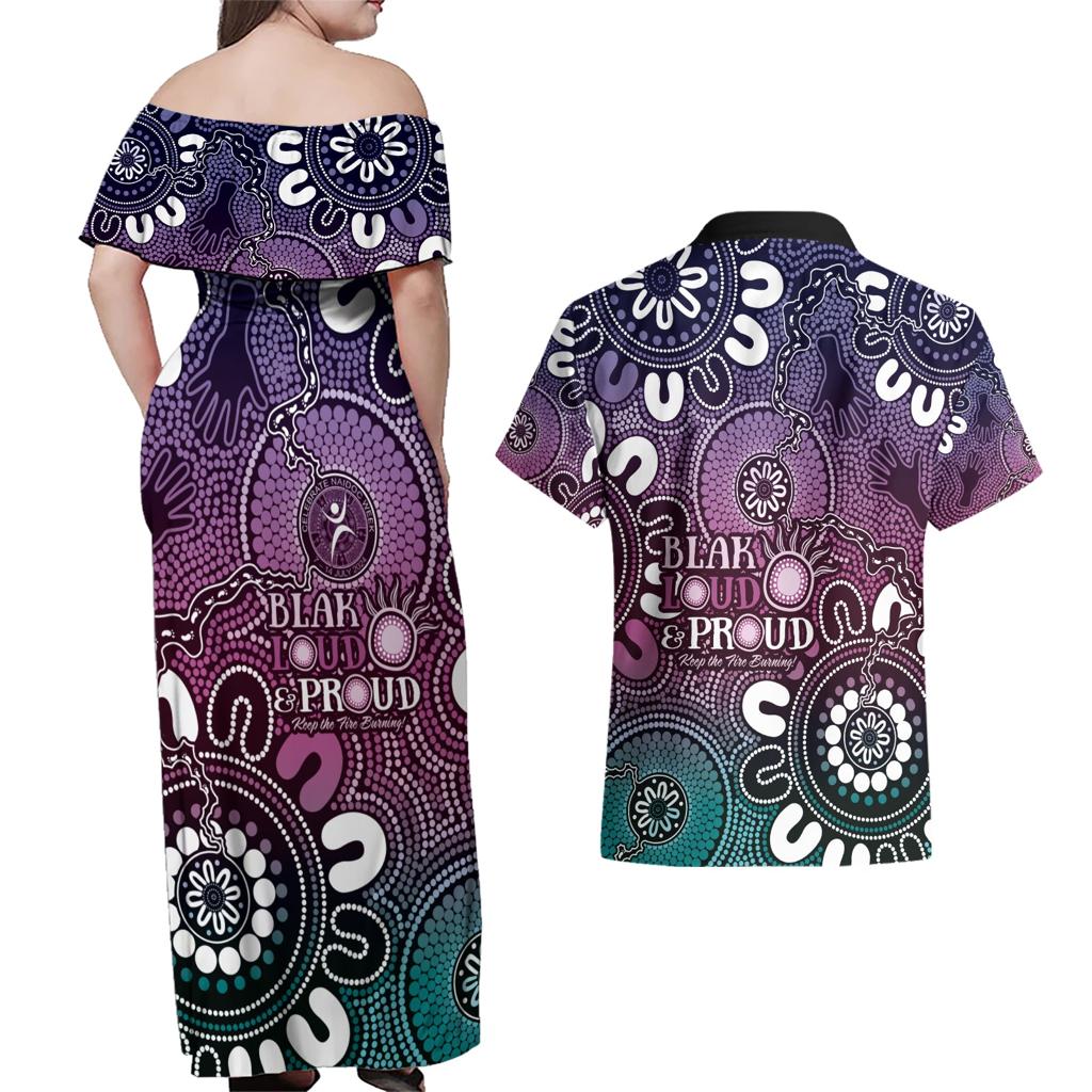 NAIDOC Week 2024 Fire Burning Couples Matching Off Shoulder Maxi Dress and Hawaiian Shirt Aboriginal Dots Pink Art