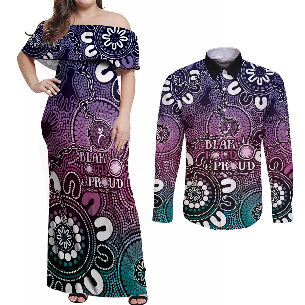 NAIDOC Week 2024 Fire Burning Couples Matching Off Shoulder Maxi Dress and Long Sleeve Button Shirt Aboriginal Dots Pink Art