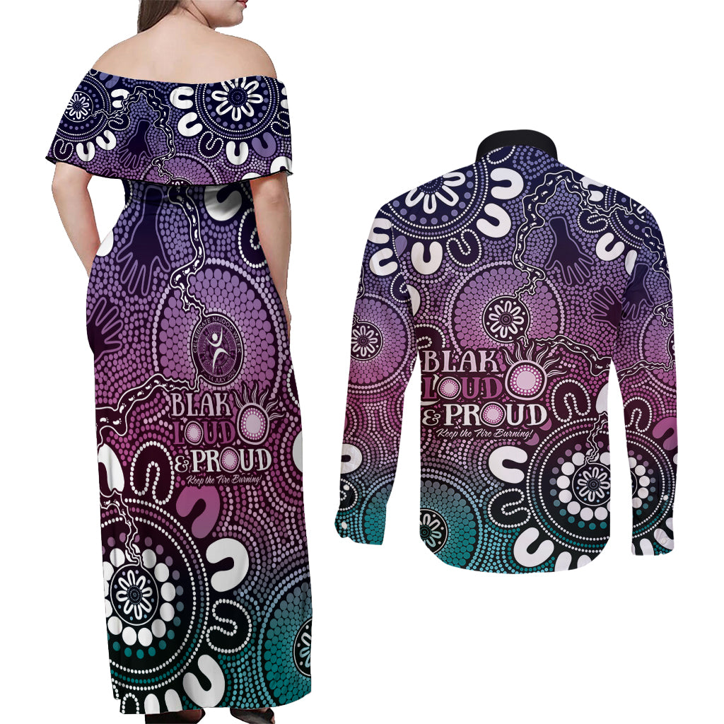 NAIDOC Week 2024 Fire Burning Couples Matching Off Shoulder Maxi Dress and Long Sleeve Button Shirt Aboriginal Dots Pink Art