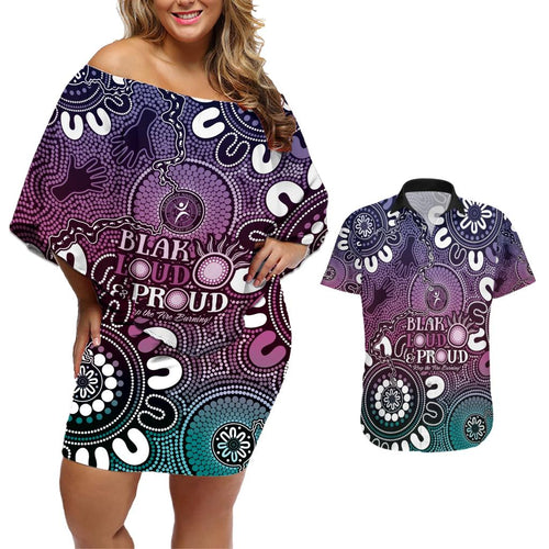 NAIDOC Week 2024 Fire Burning Couples Matching Off Shoulder Short Dress and Hawaiian Shirt Aboriginal Dots Pink Art