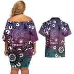 NAIDOC Week 2024 Fire Burning Couples Matching Off Shoulder Short Dress and Hawaiian Shirt Aboriginal Dots Pink Art